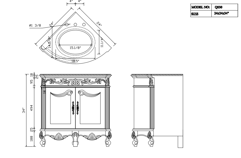 24 Inch Classic Style White Bayview Corner Bathroom Sink Vanity