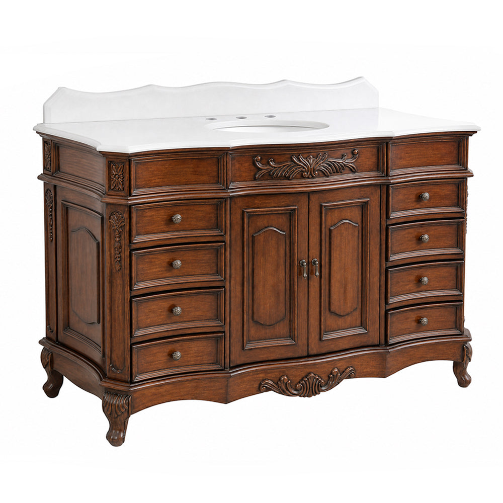 60 Inch Traditional Single Sink Bathroom Vanity Antique Brown with White Quartz Top