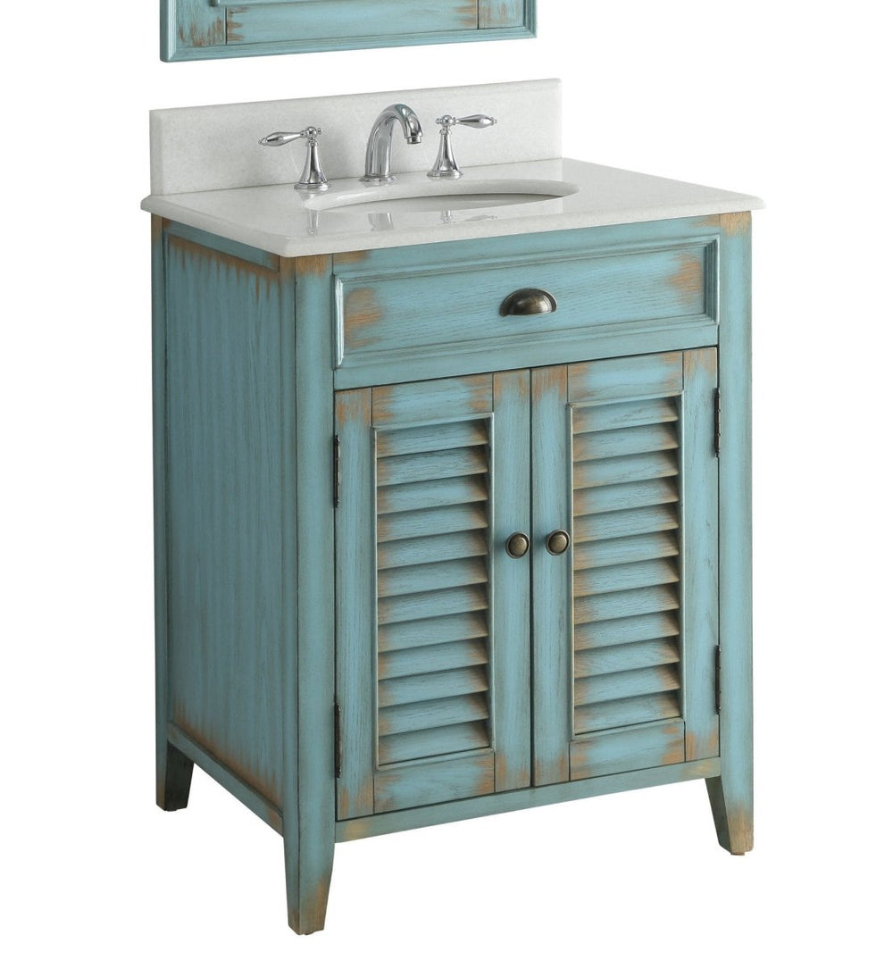 26 Inch Farmhouse Style Distressed Blue Bathroom Vanity with Marble Top