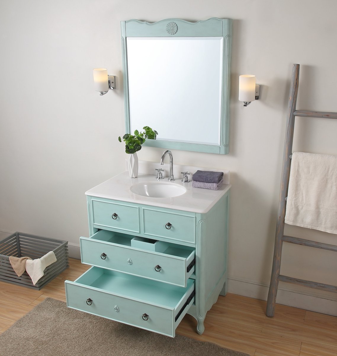 34 Inch Distressed Light Blue Daleville Cottage Style Bathroom Sink Va
