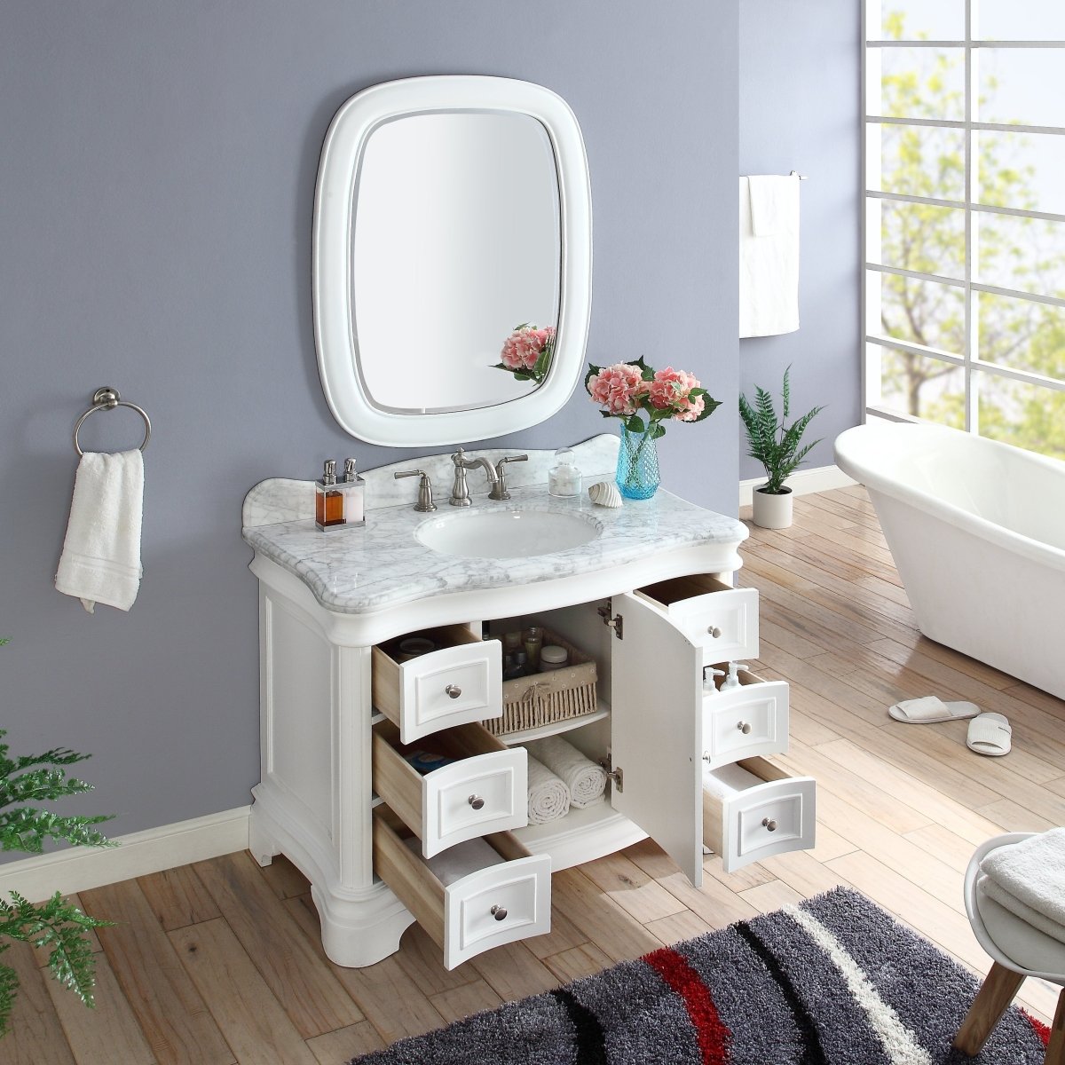 42" Benton Collection Carrara Marble Top Sesto White Bathroom Vanity Q1044W - Bentoncollections