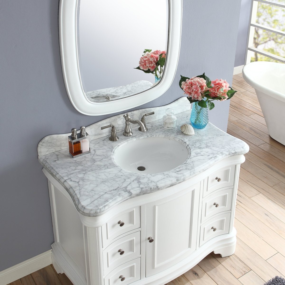 42" Benton Collection Carrara Marble Top Sesto White Bathroom Vanity Q1044W - Bentoncollections