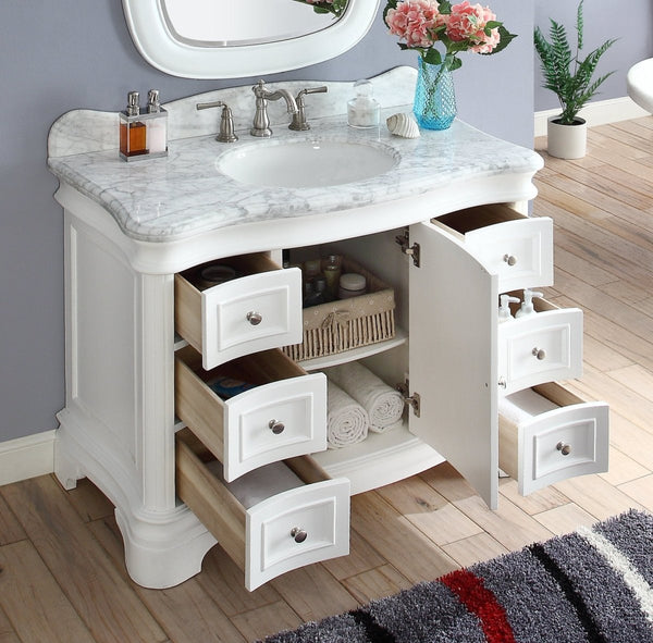 42" Benton Collection Carrara Marble Top Sesto White Bathroom Vanity Q1044W - Bentoncollections