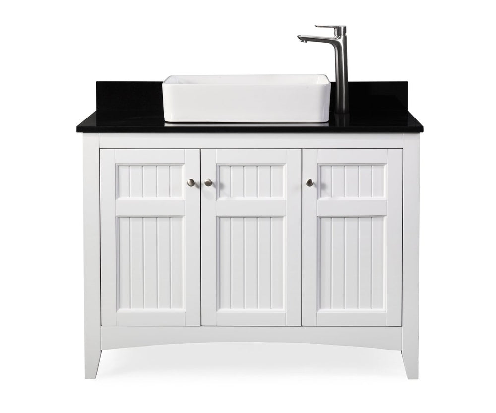 42 Inch White Triadsville Farmhouse Style Vessel Sink Bathroom Vanity with Black Granite Top