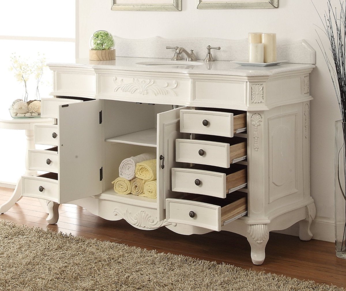 56" Antique white Morton Bathroom Sink Vanity - HF-2815W-AW-56 - Bentoncollections