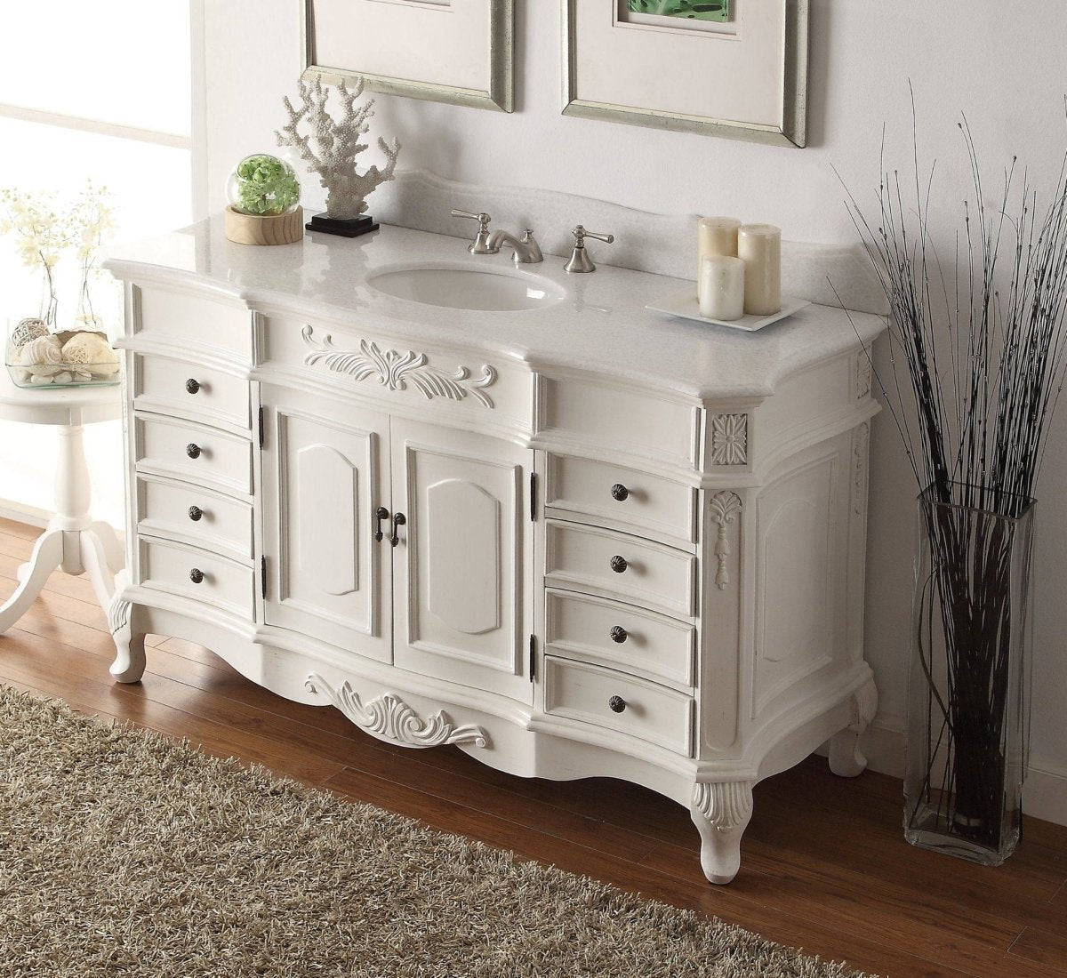 56" Antique white Morton Bathroom Sink Vanity - HF-2815W-AW-56 - Bentoncollections
