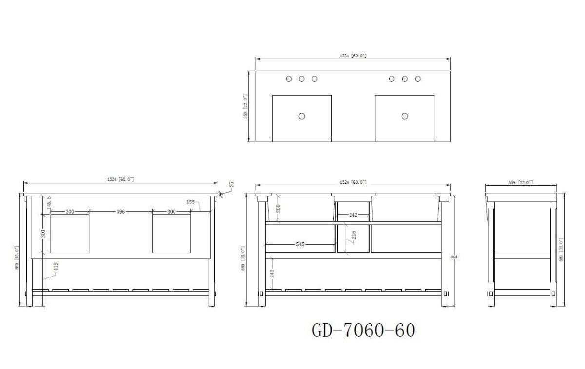 60-Inches Kendia Double Farmhouse Sink Bathroom Vanity - GD-7060-WT60-GT - Bentoncollections