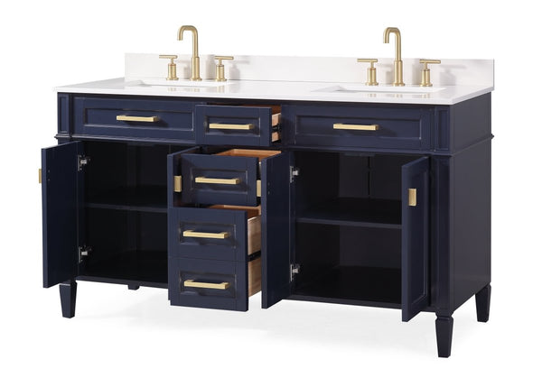 60" Tennant Brand Durand Modern Navy Blue Double Sink Bathroom Vanity 1808-D60NB-QT - Bentoncollections