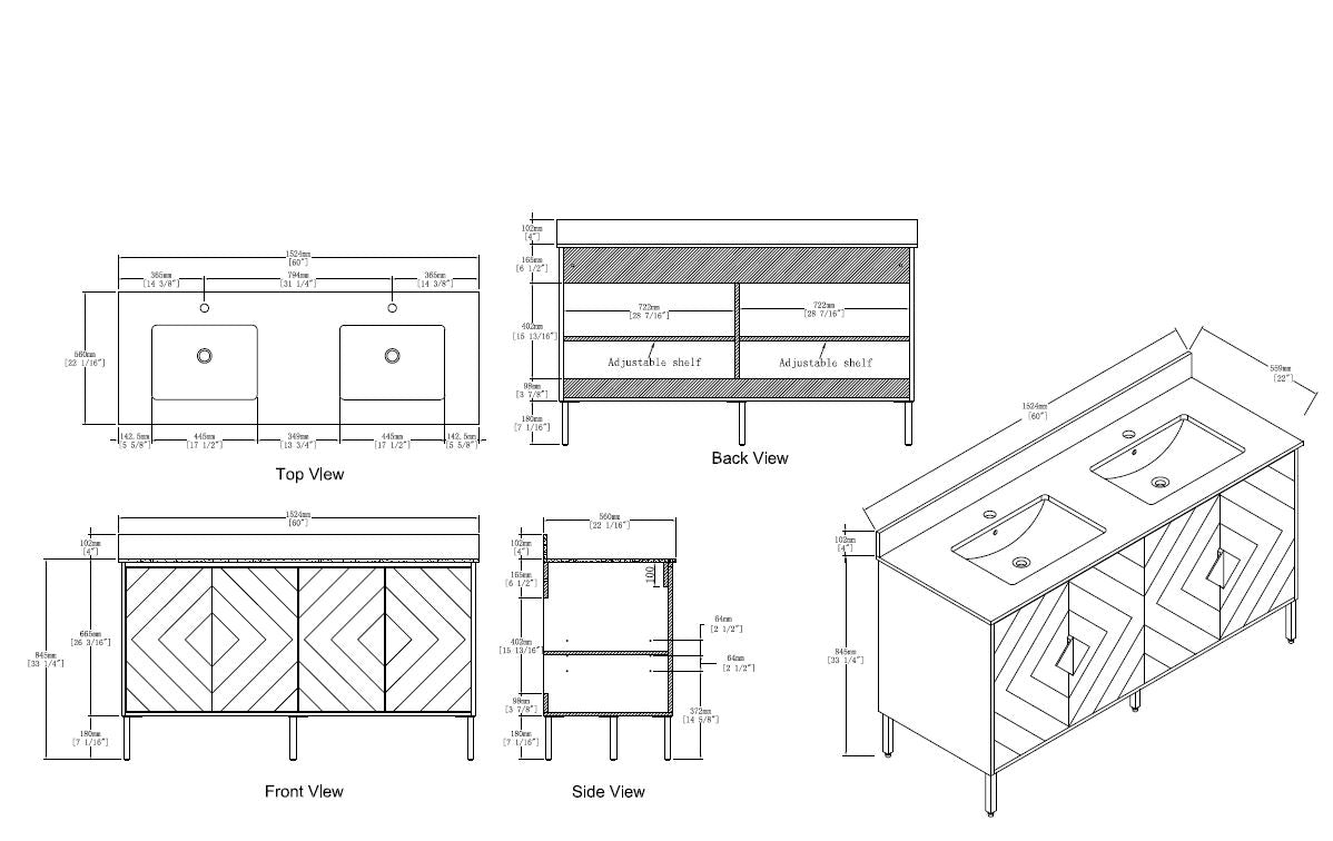 60" Tennant Brand Eileen Modern style double sink bathroom vanity - AC-66NB60 - Bentoncollections