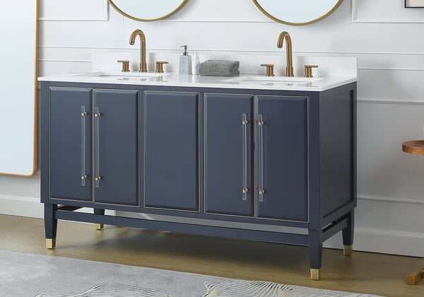 60" Tennant Brand Navy Blue Bertone Double Bathroom Sink Vanity - Model # Q169NB-D60QT - Bentoncollections