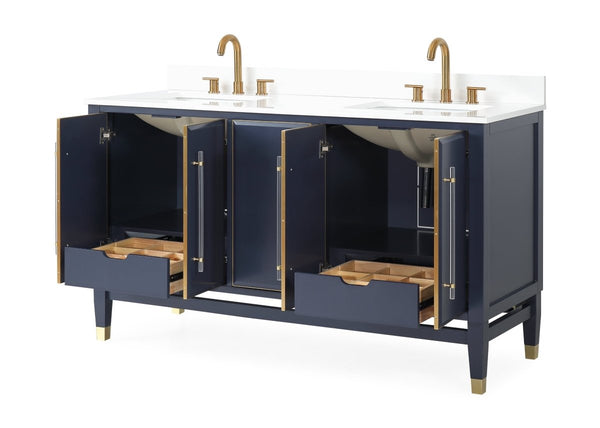 60" Tennant Brand Navy Blue Bertone Double Bathroom Sink Vanity - Model # Q169NB-D60QT - Bentoncollections