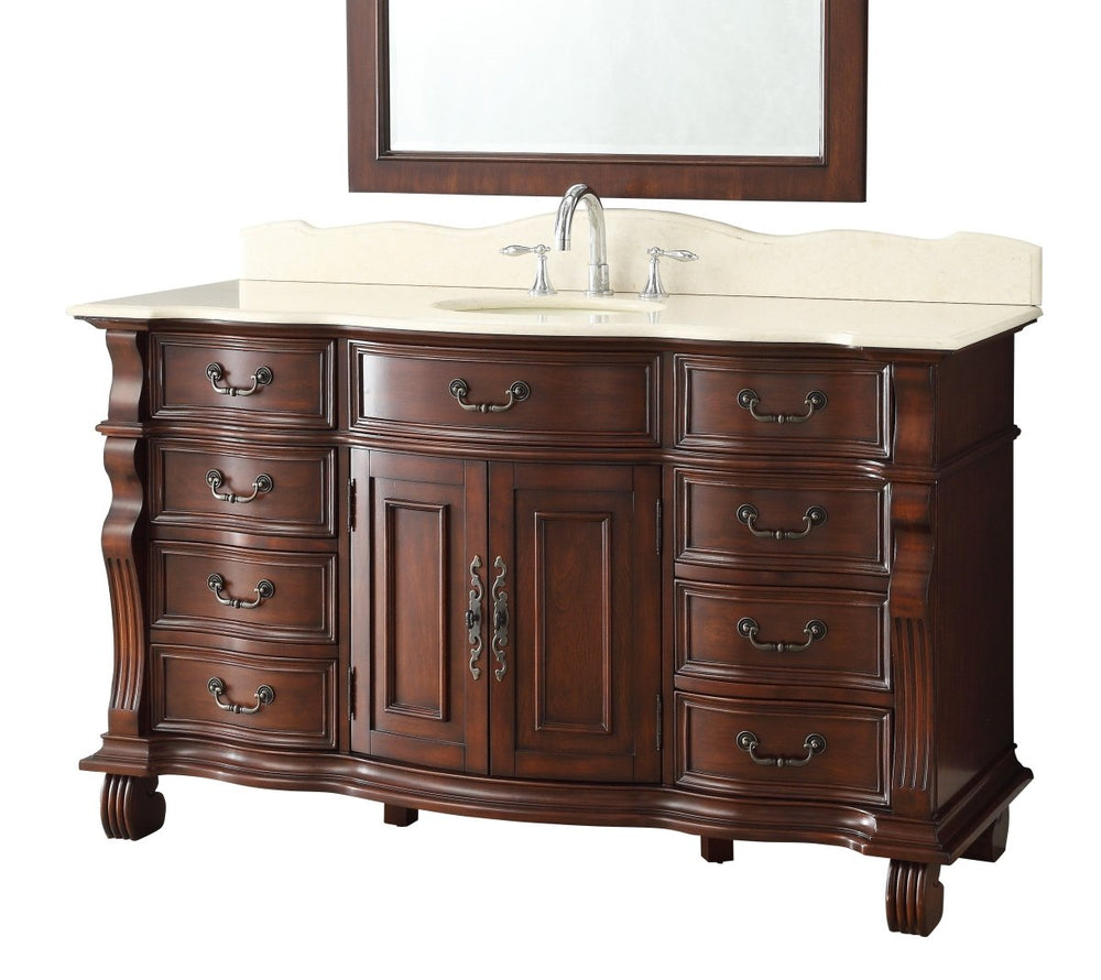 60" Traditional Style Cherry Wood Hopkinton Bathroom Sink Vanity Creama Mafil Marble Top