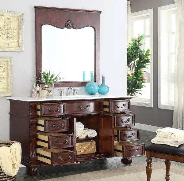 60" Traditional Style Cherry Wood Hopkinton Bathroom Sink Vanity White Marble Top GD-4437W-60 - Bentoncollections