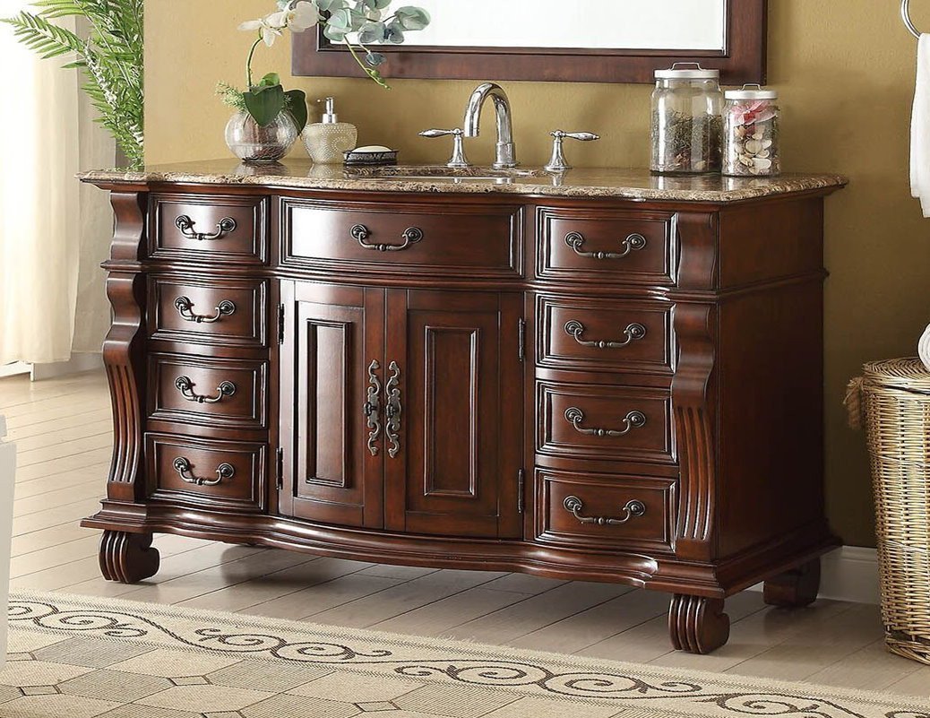 60" Traditional Style Cherry Wood Hopkinton Bathroom Sink Vanity With Baltic Brown Top GD-4437SB-60 - Bentoncollections