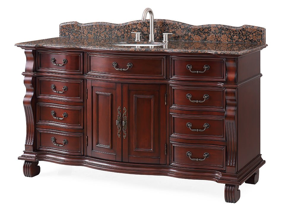 60" Traditional Style Cherry Wood Hopkinton Bathroom Sink Vanity With Baltic Brown Top GD-4437SB-60 - Bentoncollections