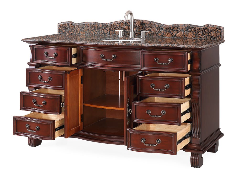 60" Traditional Style Cherry Wood Hopkinton Bathroom Sink Vanity With Baltic Brown Top GD-4437SB-60 - Bentoncollections